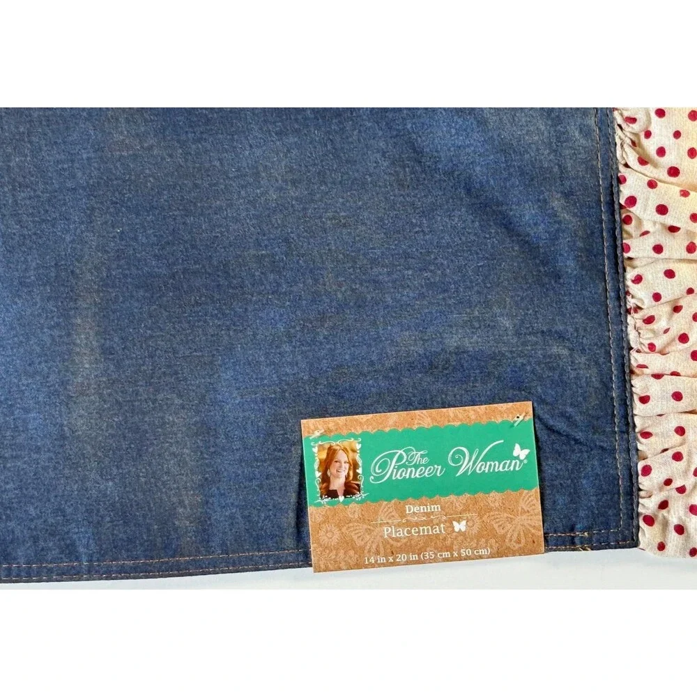 The Pioneer Woman Placemats Denim Red Polka Dot Reversible Ruffle 14x20 Set Of 4